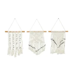 Set Of 3 Cotton Macrame Handmade Intricately Weaved Wall Decors With Beaded Fringe Tassels Cream - The Novogratz