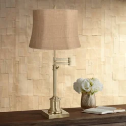 360 Lighting Traditional Swing Arm Desk Table Lamp Adjustable Height 36" Tall Antique Brass Natural Burlap Fabric Drum Shade Living Room