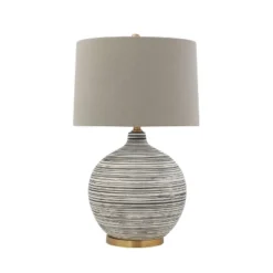 Textured Striped Ceramic Table Lamp With Linen Shade (Includes LED Light Bulb) Black/White/Gray - Storied Home