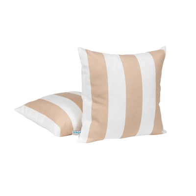 Set Of 2 Striped All-Weather Outdoor Throw Pillow Champagne/White - Blue Wave