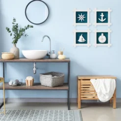 Okuna Outpost 4 Pack Coastal Decor For Home, Hanging Nautical Wall Decorations For Beach Theme Bathroom, 5.9 X 5.9 In, White, Blue