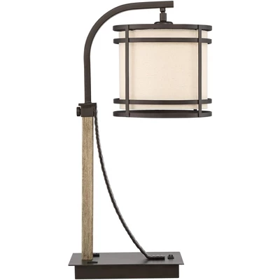 Franklin Iron Works Gentry Industrial Desk Lamp 22" High Oil Rubbed Bronze Faux Wood Cage With USB And AC Power Outlet In Base Oatmeal Shade For Desk - Image 8