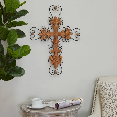 Wood Biblical Carved Cross Wall Decor With Metal Scrollwork - Olivia & May - Image 6