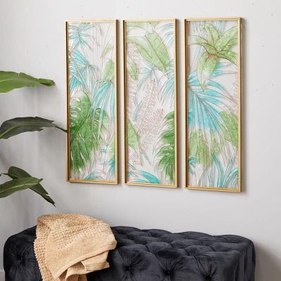 Set Of 3 Glass Leaf Tropical Wall Decors With Gold Frame Green - CosmoLiving By Cosmopolitan - Image 3