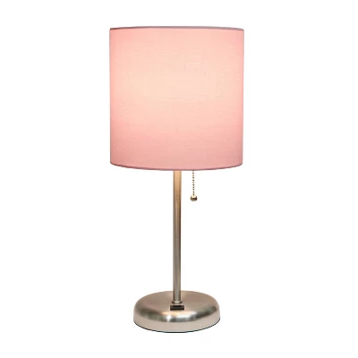 19.5" Bedside USB Port Feature Metal Table Desk Lamp Brushed Steel With Light Pink Fabric Shade - Creekwood Home - Image 2