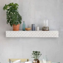 Small Embossed Wood Floating Decorative Wall Shelf White - American Art Decor