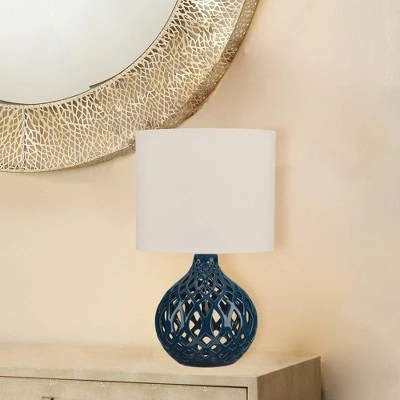 Fretwork Ceramic Table Lamp Ceramic With Drum Linen Shade Blue - Splendor Home - Image 3