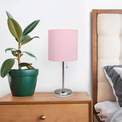 19.5" Bedside USB Port Feature Metal Table Desk Lamp Brushed Steel With Light Pink Fabric Shade - Creekwood Home - Image 6