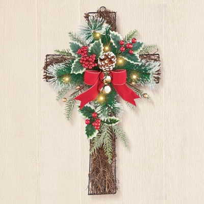 Collections Etc Sparkling LED Lighted Pine And Berries Wall Cross