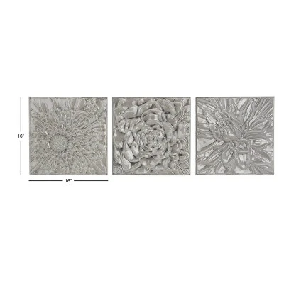 Metal Floral Wall Decor With Embossed Designs Set Of 3 Gray - Olivia & May - Image 2