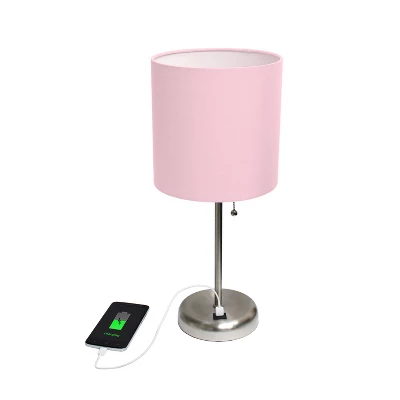 19.5" Bedside USB Port Feature Metal Table Desk Lamp Brushed Steel With Light Pink Fabric Shade - Creekwood Home - Image 3