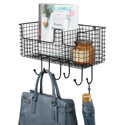 MDesign Metal Storage Organizer Basket With 6 Hooks - Wall Mount - Image 9