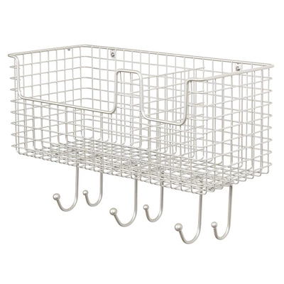 MDesign Metal Storage Organizer Basket With 6 Hooks - Wall Mount - Image 5