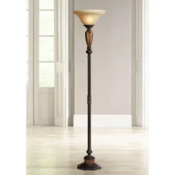 Kathy Ireland Sonnett Vintage Rustic Torchiere Floor Lamp 72" Tall Bronze Faux Marble Alabaster Glass Shade For Living Room Bedroom Office House Home