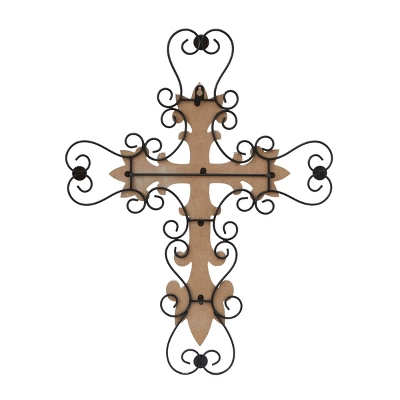 Wood Biblical Carved Cross Wall Decor With Metal Scrollwork - Olivia & May - Image 5