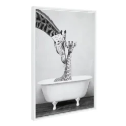 23" X 33" Sylvie Giraffe In Tub Framed Canvas Wall Art By Amy Peterson White - DesignOvation