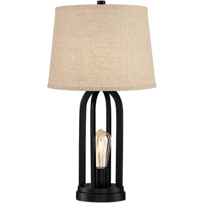 360 Lighting Marcel Industrial Table Lamps 24 1/4" High Set Of 2 Black With USB Port LED Nightlight Burlap Drum Shade For Bedroom Living Room Desk - Image 7