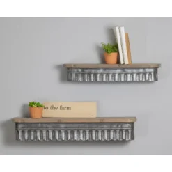 Set Of 2 Distressed Metal And Wood Hanging Wall Shelves - Foreside Home & Garden