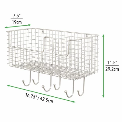 MDesign Metal Storage Organizer Basket With 6 Hooks - Wall Mount - Image 3