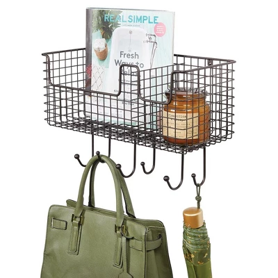 MDesign Metal Storage Organizer Basket With 6 Hooks - Wall Mount - Image 7