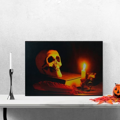 Northlight 15.75" Halloween Prelit LED Antique Candle And Skull Canvas Wall Art - Black/Orange
