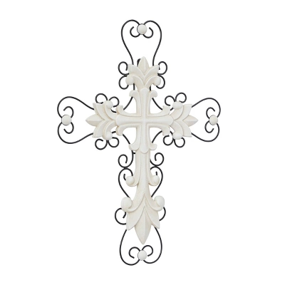 Wood Biblical Carved Cross Wall Decor With Metal Scrollwork - Olivia & May - Image 4