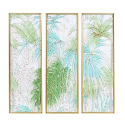 Set Of 3 Glass Leaf Tropical Wall Decors With Gold Frame Green - CosmoLiving By Cosmopolitan