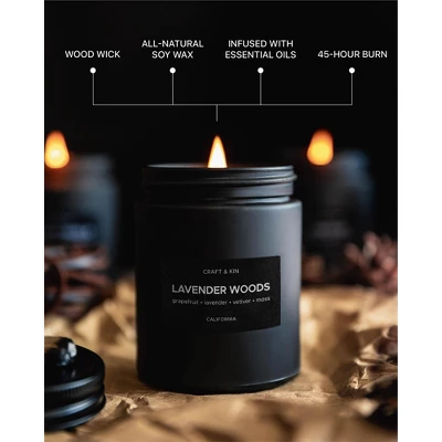 Craft & Kin Wood Wick, All-Natural Soy Aromatherapy Candle In Matte Black Glass Jar