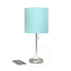 19.5" Bedside Power Outlet Base Metal Table Desk Lamp In Brushed Steel With Aqua Blue Fabric Shade - Creekwood Home