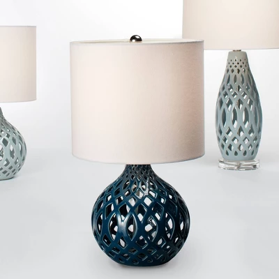 Fretwork Ceramic Table Lamp Ceramic With Drum Linen Shade Blue - Splendor Home - Image 2