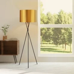 62.25" Kona Mid-Century Modern Tripod Floor Lamp With Drum Shade Gold/Black - Teamson Home