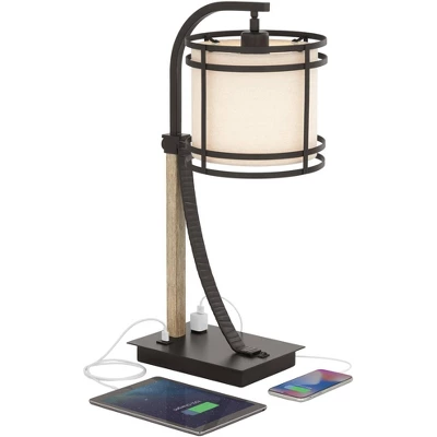 Franklin Iron Works Gentry Industrial Desk Lamp 22" High Oil Rubbed Bronze Faux Wood Cage With USB And AC Power Outlet In Base Oatmeal Shade For Desk - Image 2