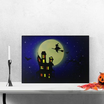 Northlight Fiber Optic And LED Lighted Witch In The Moon Halloween Canvas Wall Art 12" X 15.75"