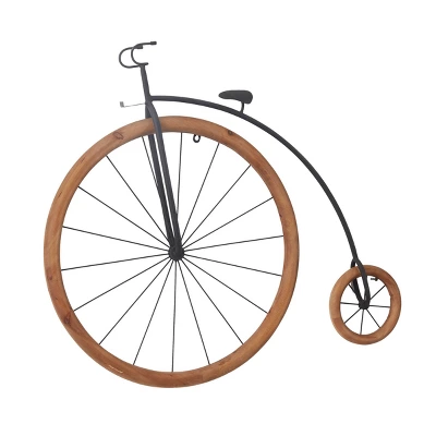 Metal Bike Penny Farthing Wall Decor With Wood Wheels Brown - Olivia & May - Image 4