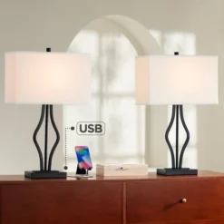 360 Lighting Ally Modern Table Lamps 26 1/2" High Set Of 2 Black Metal With USB Charging Port Rectangular Fabric Shade For Bedroom Living Room Desk