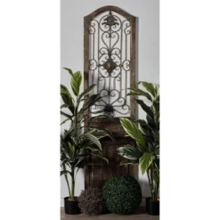 17" X 19" Wood Scroll Distressed Door Inspired Ornamental Wall Decor With Metal Wire Details Brown - Olivia & May