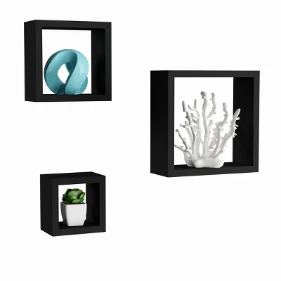 Floating Shelves- Cube Wall Shelf Set With Hidden Brackets, 3 Sizes To Display Decor, Books, Photos, More- Hardware Included By Hastings Home (Black)