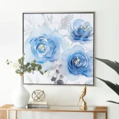 Canvas Floral Framed Wall Art With Silver Frame Blue - Olivia & May