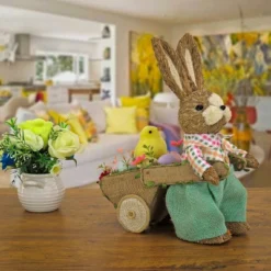 National Tree Company Male Bunny With Wagon Table Decoration, Decorated With Pastel Eggs, Chick, Easter Collection, 14 Inches