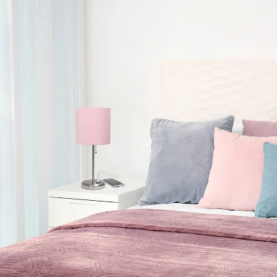19.5" Bedside USB Port Feature Metal Table Desk Lamp Brushed Steel With Light Pink Fabric Shade - Creekwood Home - Image 7