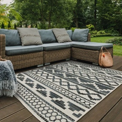 Trinity Geometric Patio Area Rug Beige/Blue - Captiv8e Designs