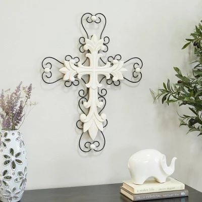 Wood Biblical Carved Cross Wall Decor With Metal Scrollwork - Olivia & May - Image 3