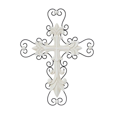 Wood Biblical Carved Cross Wall Decor With Metal Scrollwork - Olivia & May - Image 2