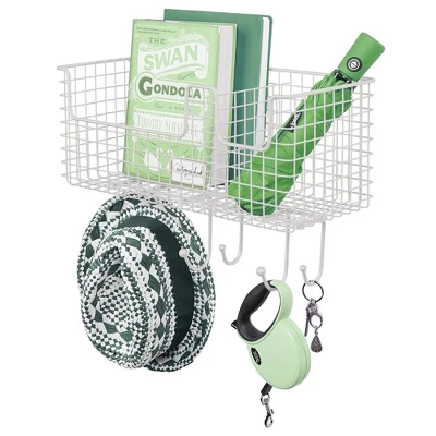 MDesign Metal Storage Organizer Basket With 6 Hooks - Wall Mount - Image 10
