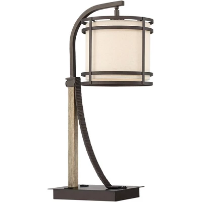Franklin Iron Works Gentry Industrial Desk Lamp 22" High Oil Rubbed Bronze Faux Wood Cage With USB And AC Power Outlet In Base Oatmeal Shade For Desk - Image 7