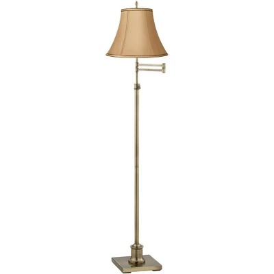 360 Lighting Traditional Swing Arm Floor Lamp Adjustable Height 70" Tall Antique Brass Tan Bell Shade Brown Trim For Living Room Reading